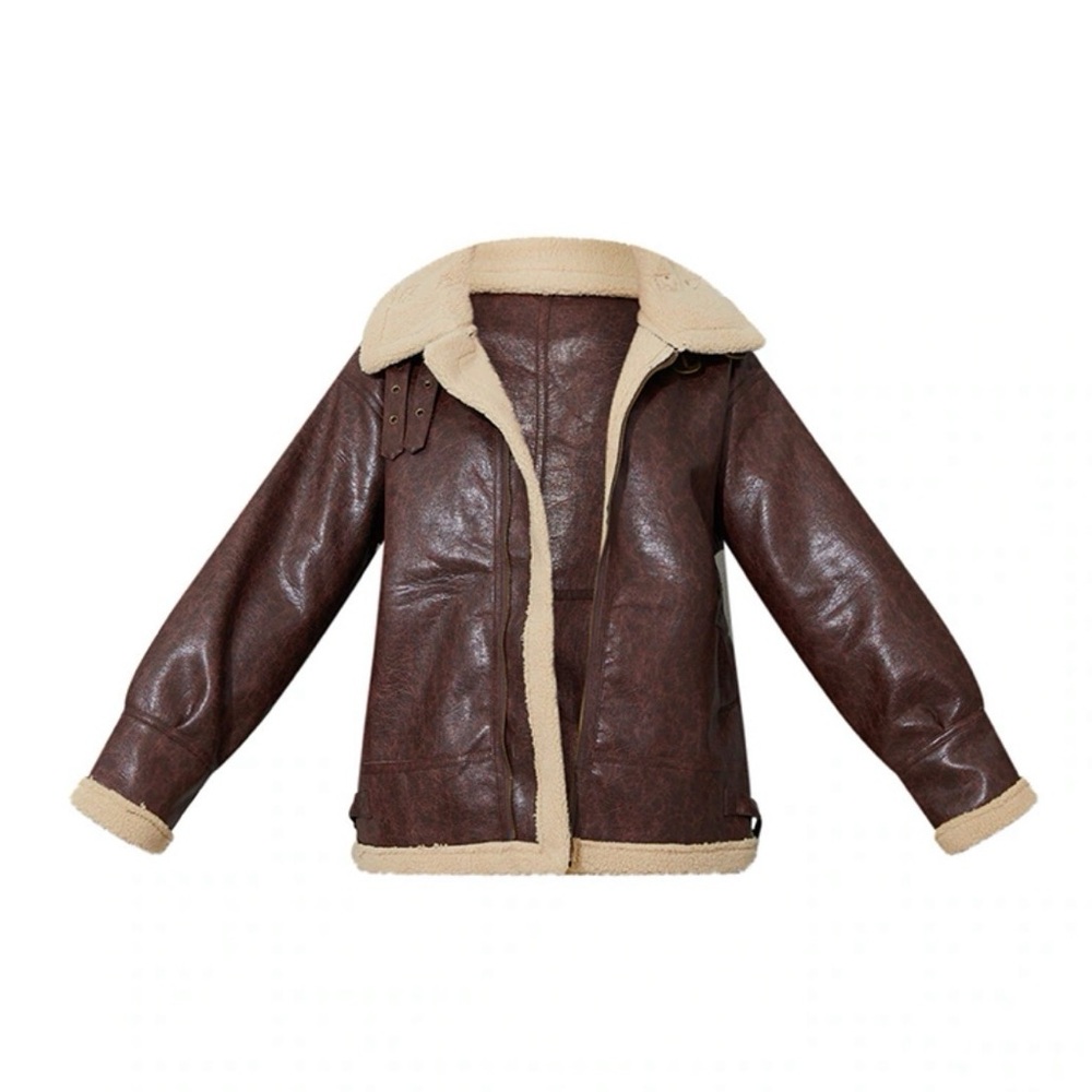 PrettyLittleThing Chocolate Faux Leather Contrast Borg Longline Aviator